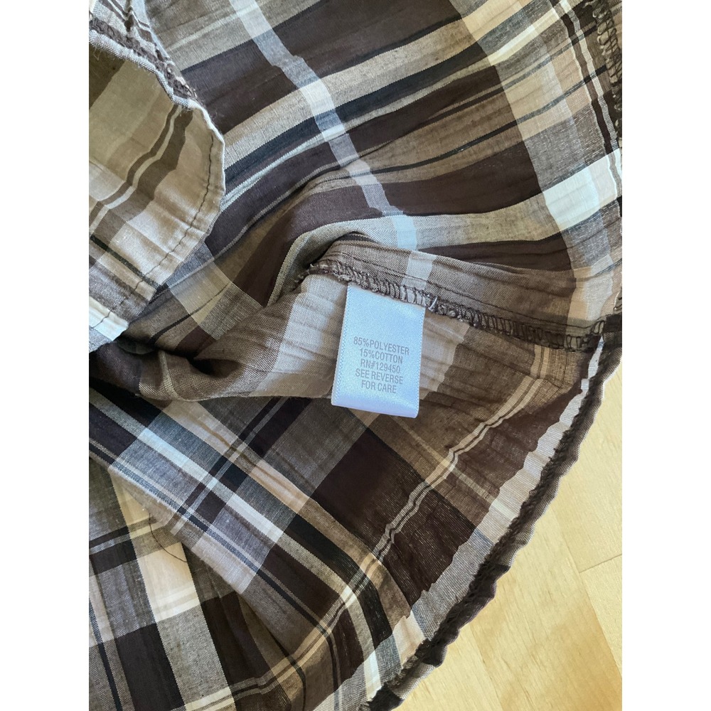 Christopher & Banks Brown Plaid Crinkle 3/4 Roll Tab Sleeve Button Up Shirt XL - Picture 7 of 8